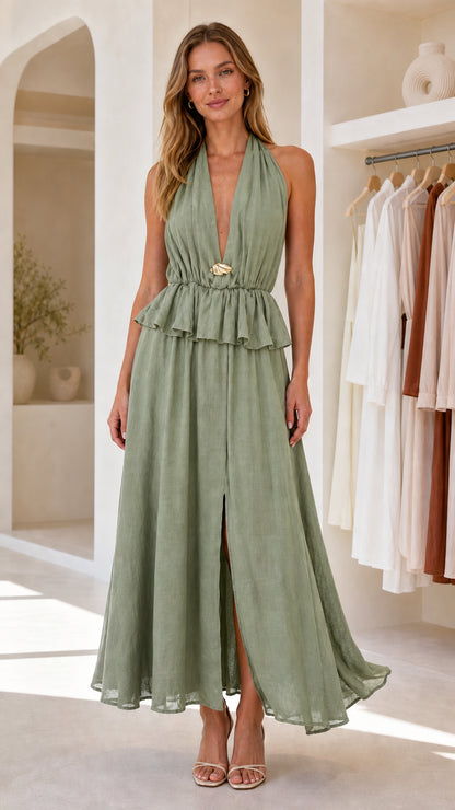 Front view of sage green halter neck peplum maxi dress
