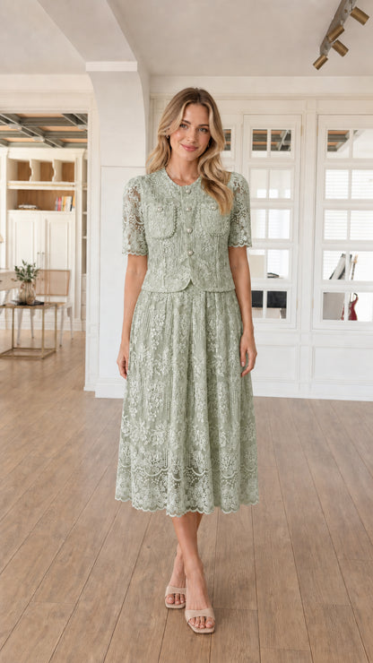 Full-length front view of sage green lace midi dress and jacket set