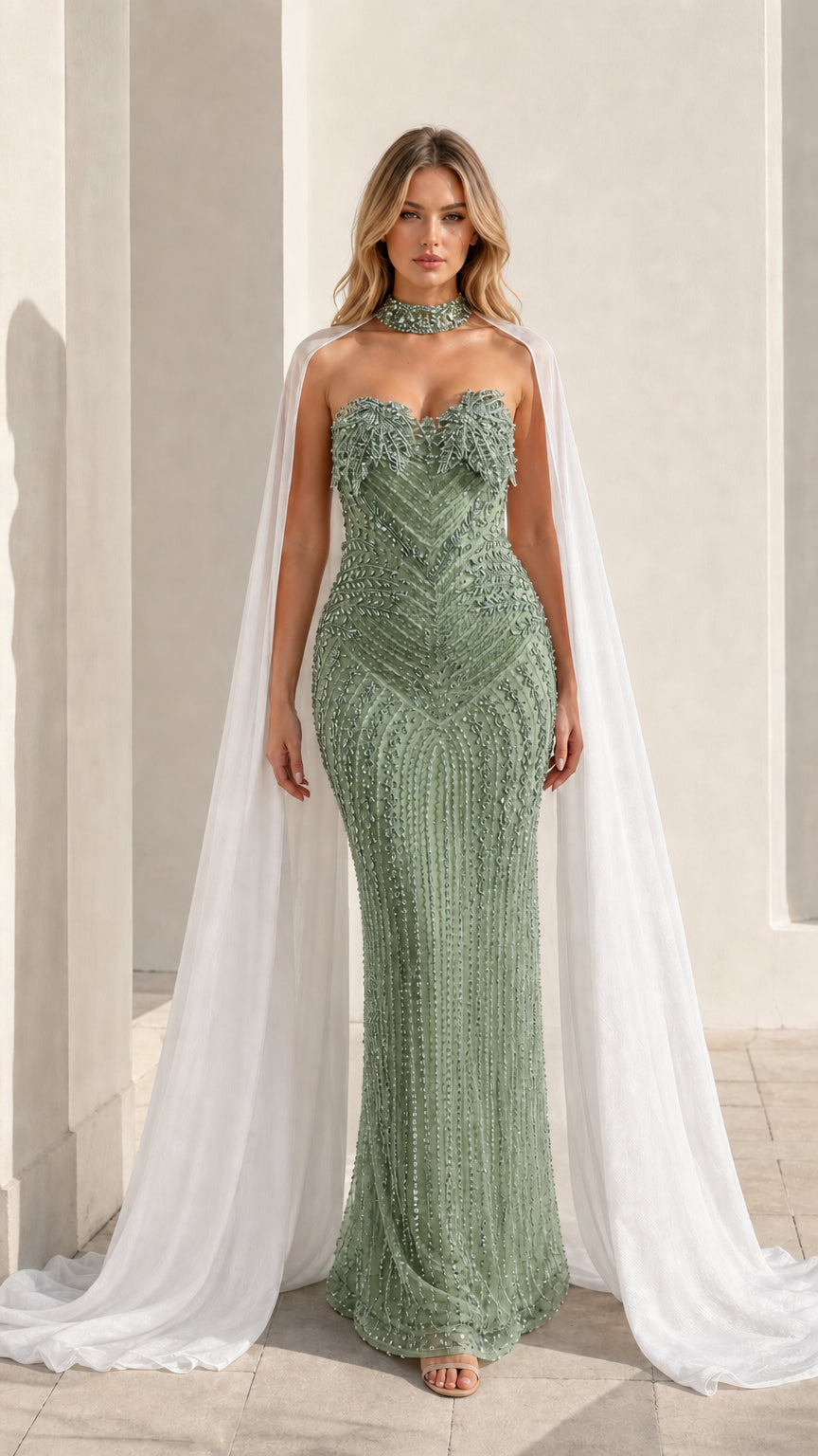 Front view of sage green color variant with crystal beadwork