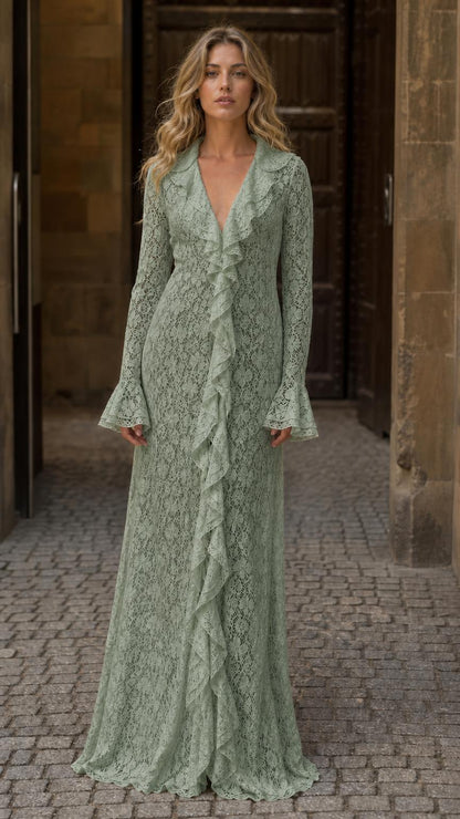 Front full view of woman wearing sage green lace maxi dress