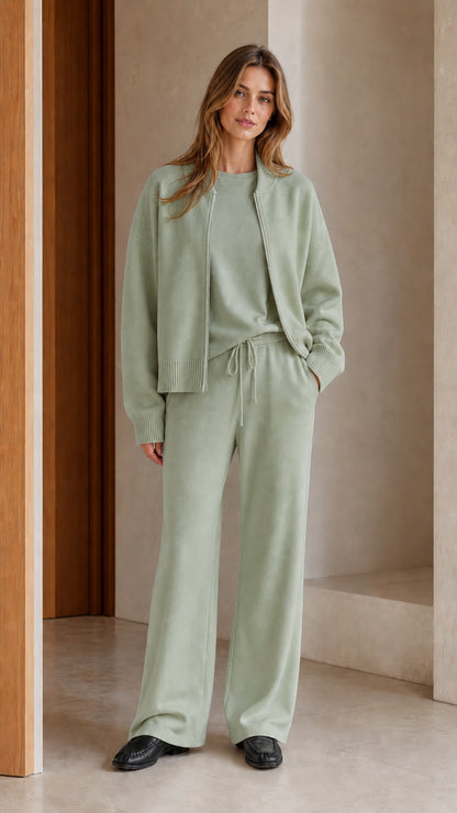 Model wearing sage green 3-piece knit loungewear set with zip-front cardigan