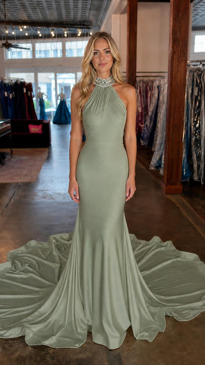 Front view in muted sage green color variant