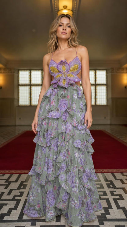 Model wearing sage floral ruffle maxi dress with beaded bodice