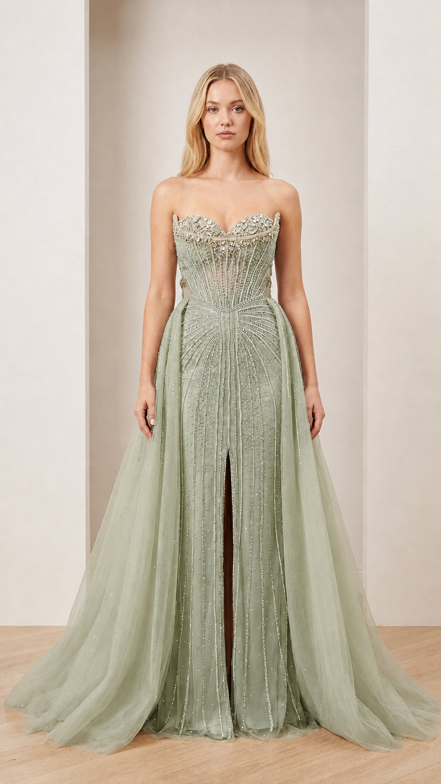 Front view of Sage Green embellished strapless ball gown