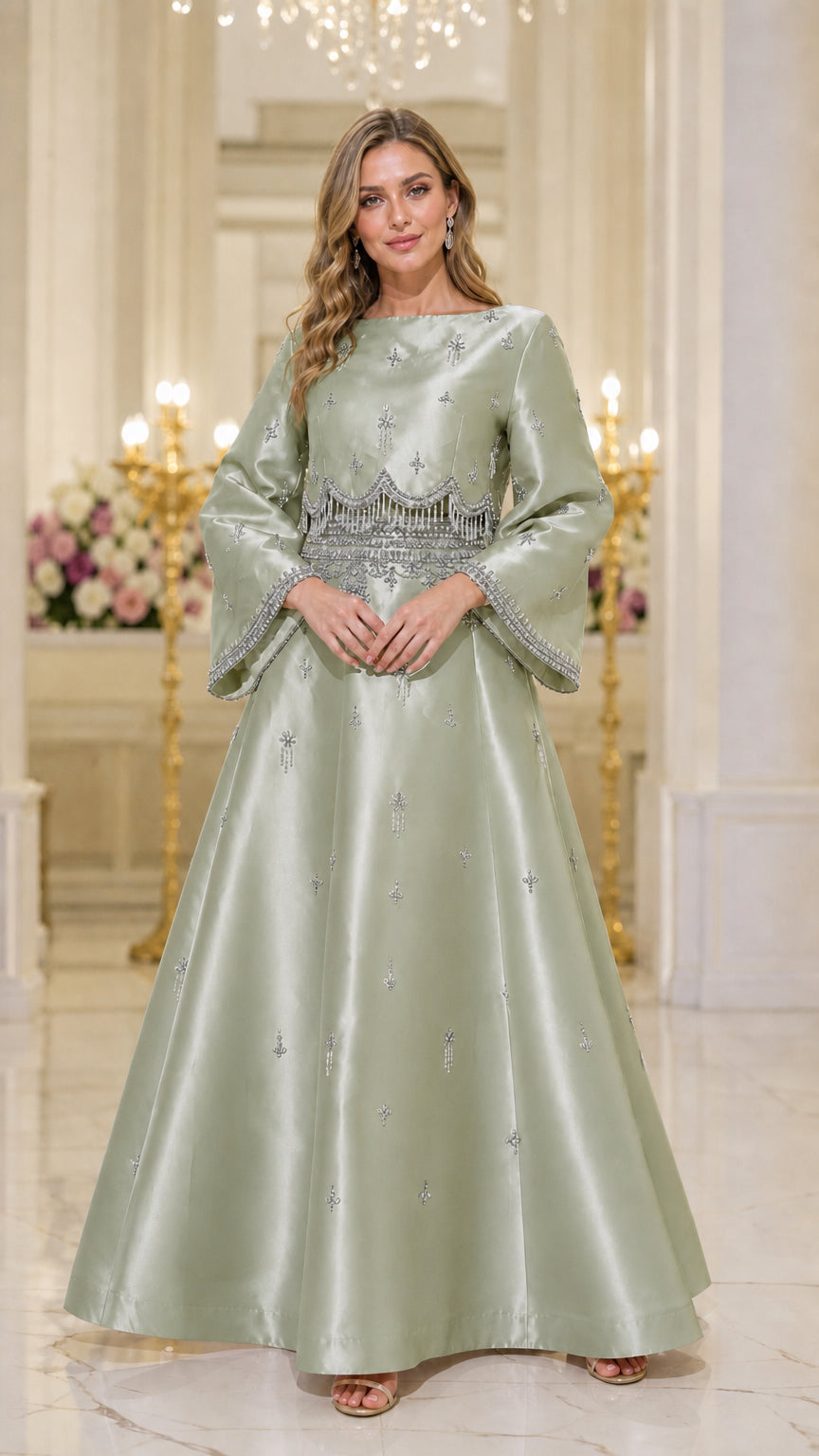 Front view of model wearing sage green beaded maxi dress