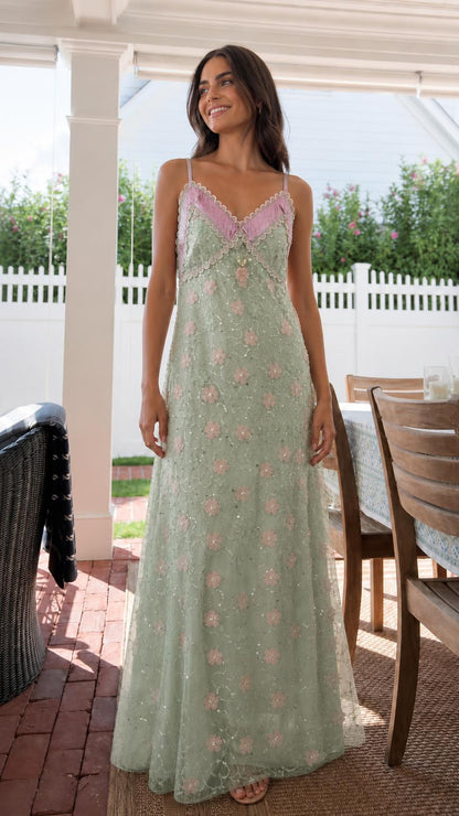Model wearing Sage floral embroidered maxi slip dress