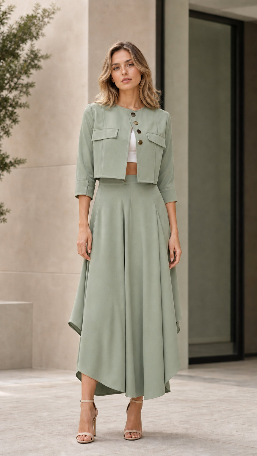 Model wearing sage green cropped jacket and asymmetrical maxi skirt set