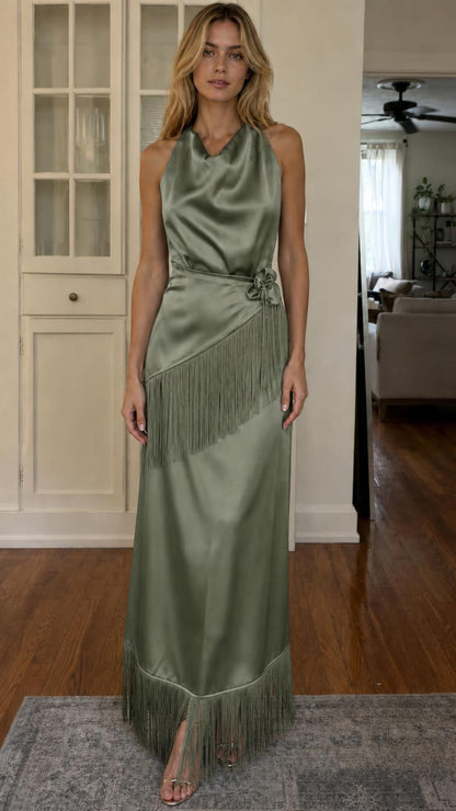 Front view of sage green satin halter maxi dress