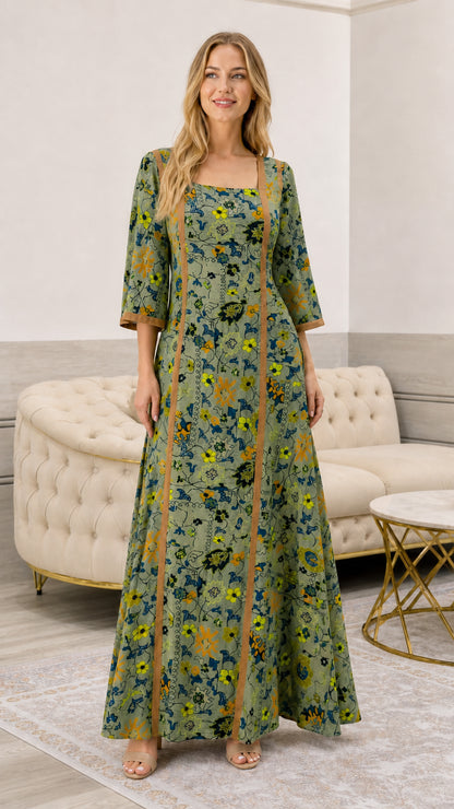 Full front view of sage green floral print maxi dress with contrast trim