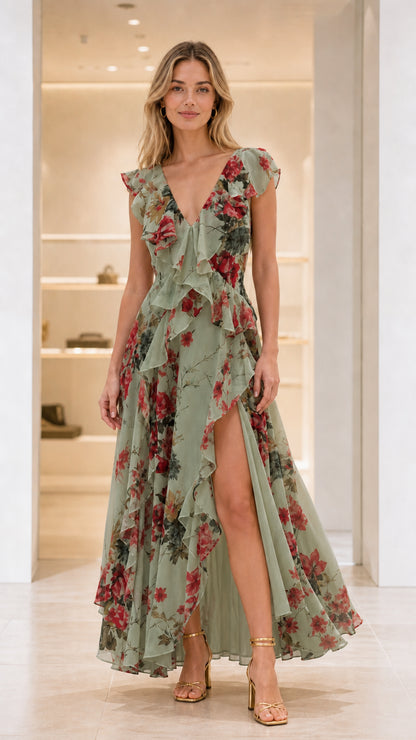Front view of Sage Green Floral ruffle backless maxi dress with high slit