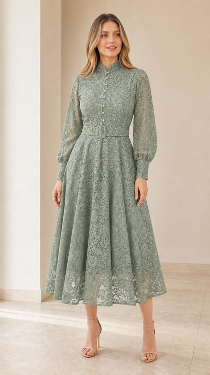 Model wearing Sage Green lace midi dress with long sheer sleeves and belt