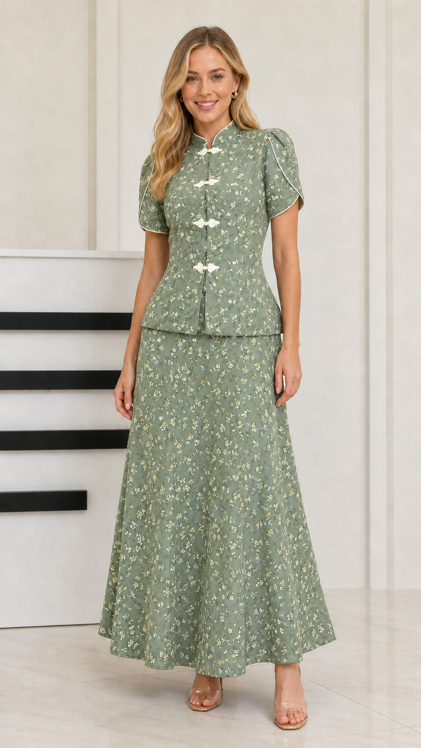 Sage Green floral print Mandarin collar two-piece maxi set