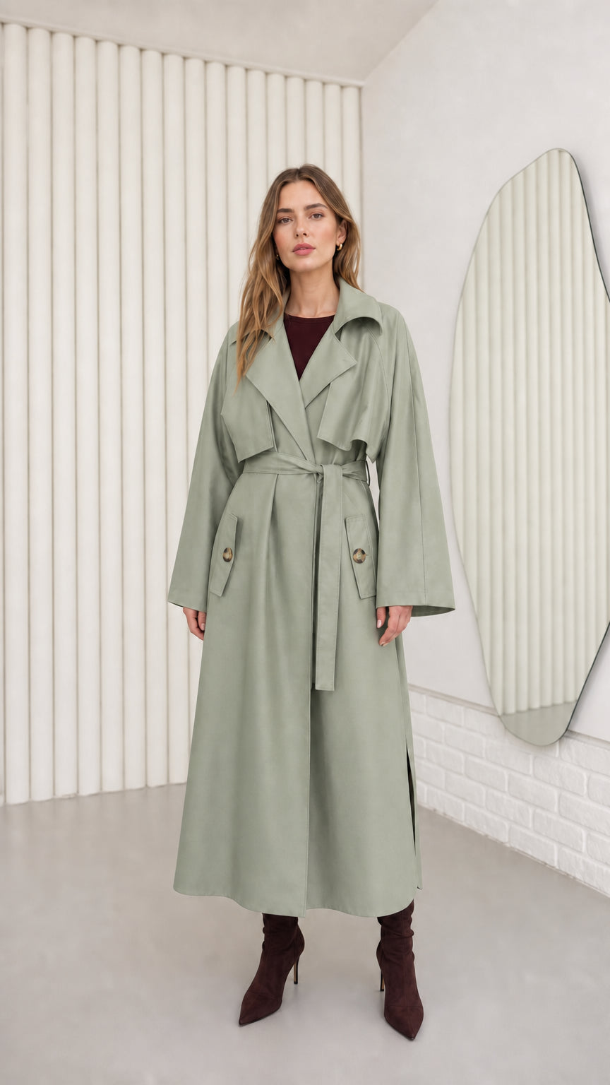 Model wearing Sage Green maxi duster trench coat