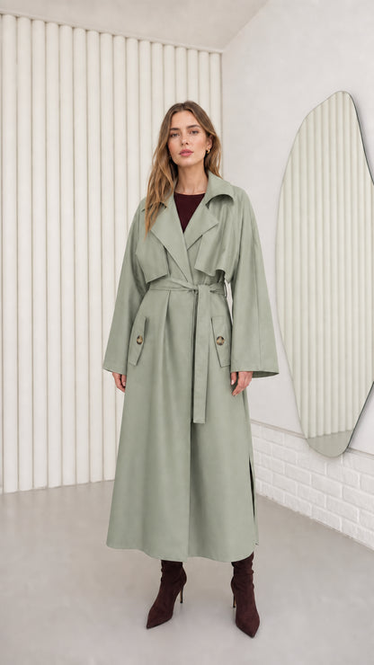 Model wearing Sage Green maxi duster trench coat