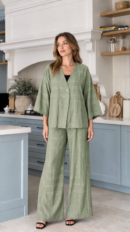 Model wearing Sage Green 2-piece matching kimono set