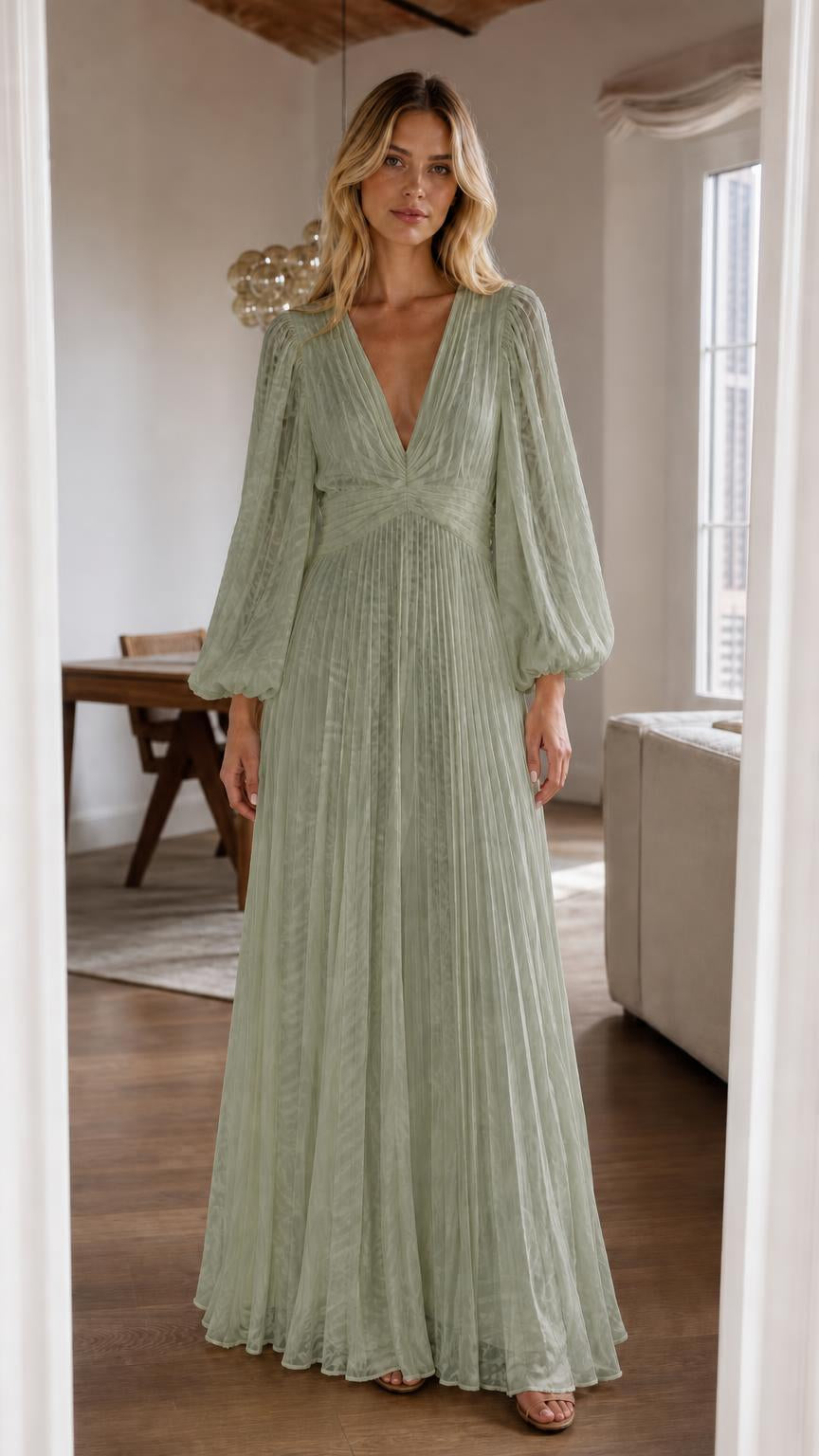 Front view of sage green pleated long sleeve maxi dress