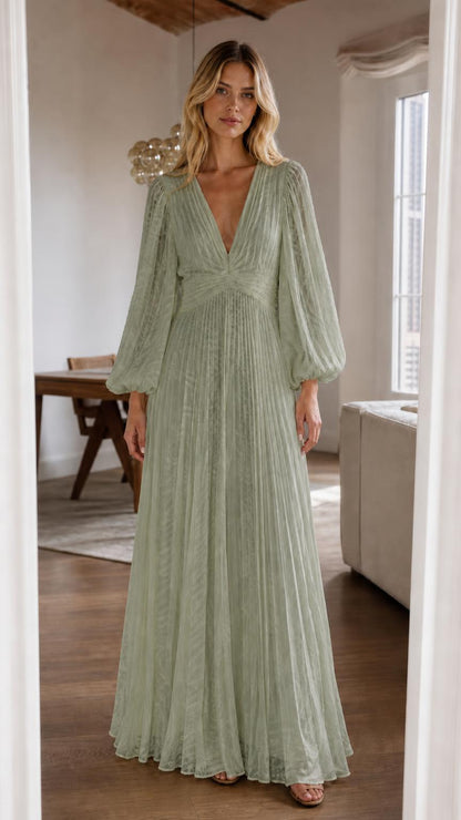 Front view of sage green pleated long sleeve maxi dress