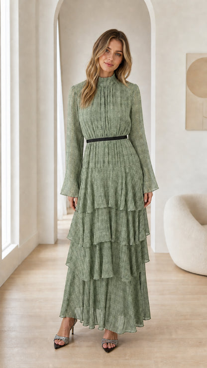 Sage Green long sleeve tiered ruffle mock neck maxi dress on model