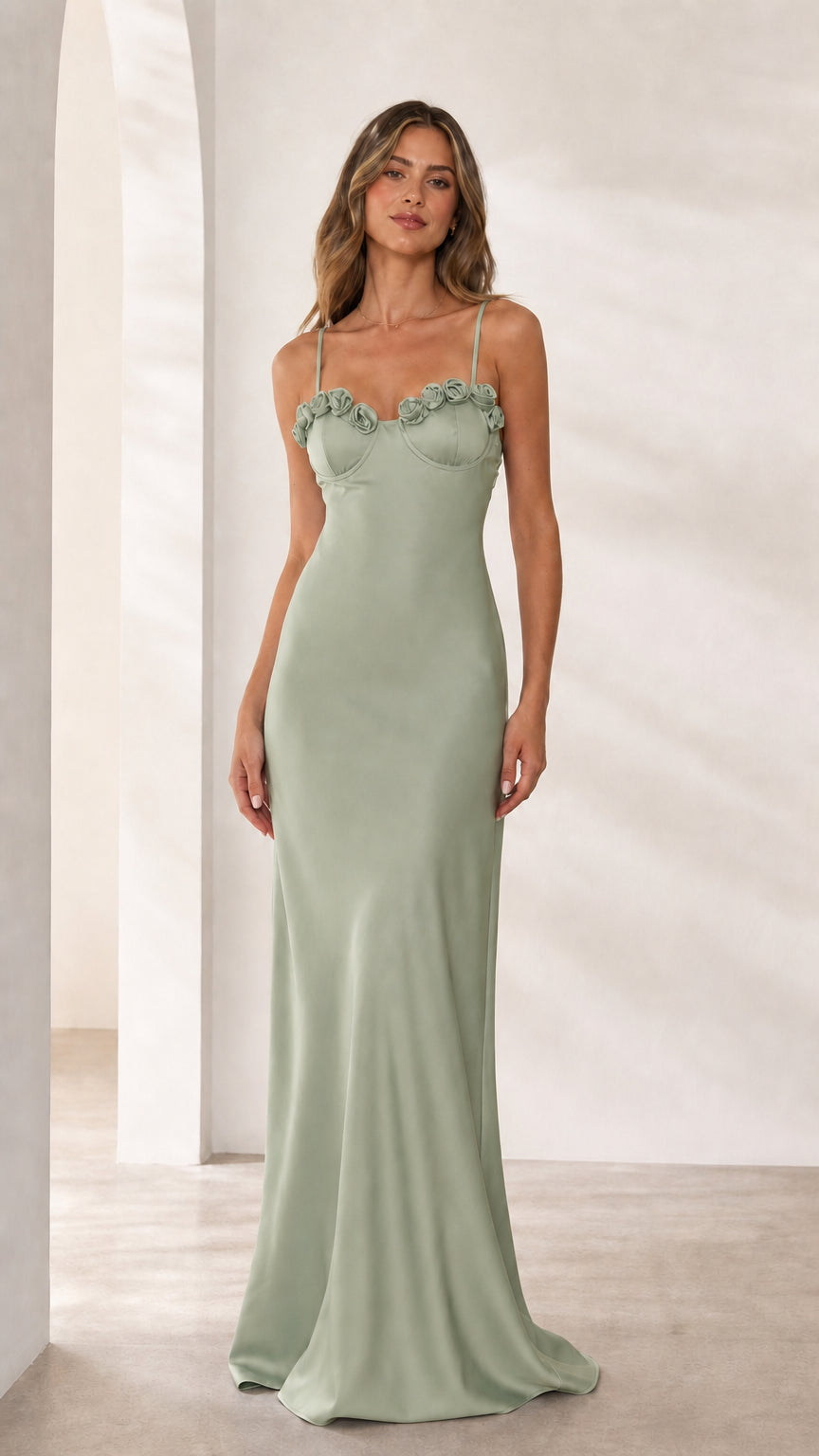 Front view of sage green special occasion dress