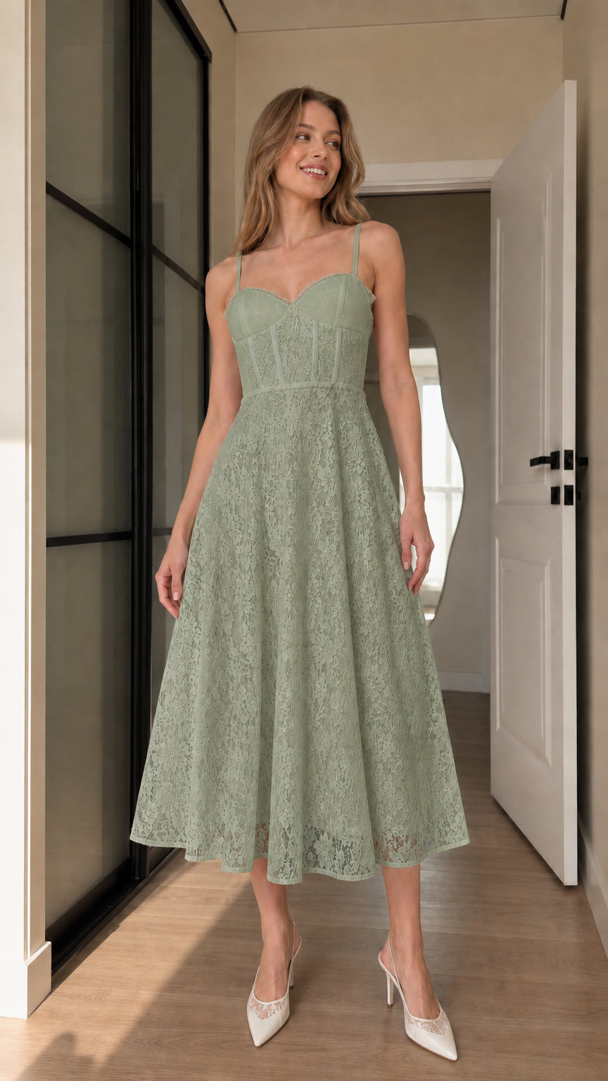 Model wearing sage green floral lace corset midi dress