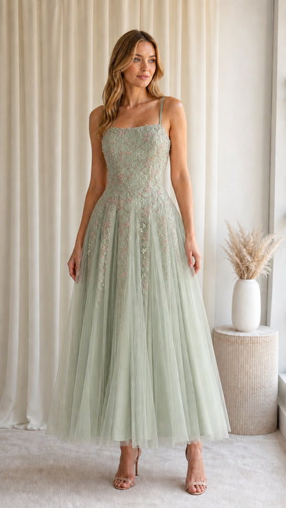 Front view of model wearing Sage Green floral embroidered tulle formal midi dress