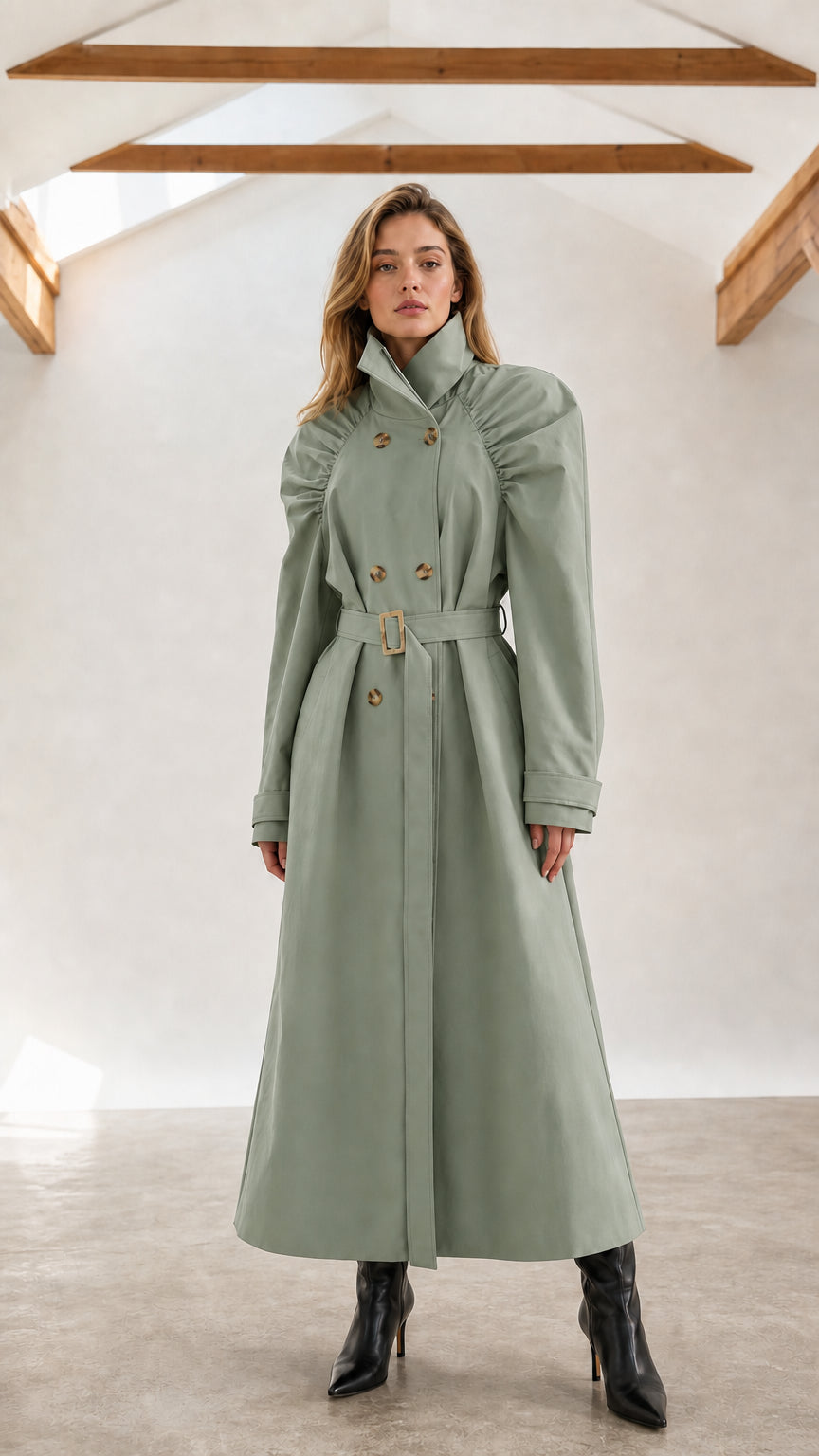 Front full-length view of woman wearing sage green ruched shoulder maxi trench coat