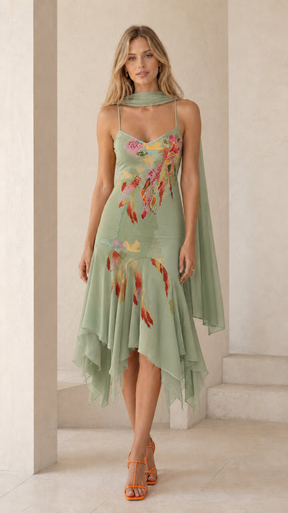 Front view of sage floral watercolor midi dress