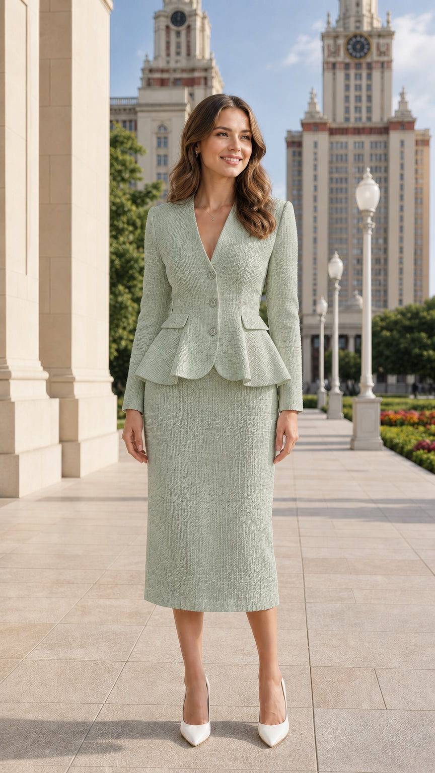 Model wearing sage green textured peplum blazer and pencil skirt set