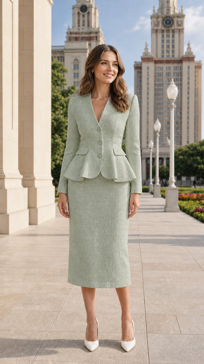 Model wearing sage green textured peplum blazer and pencil skirt set