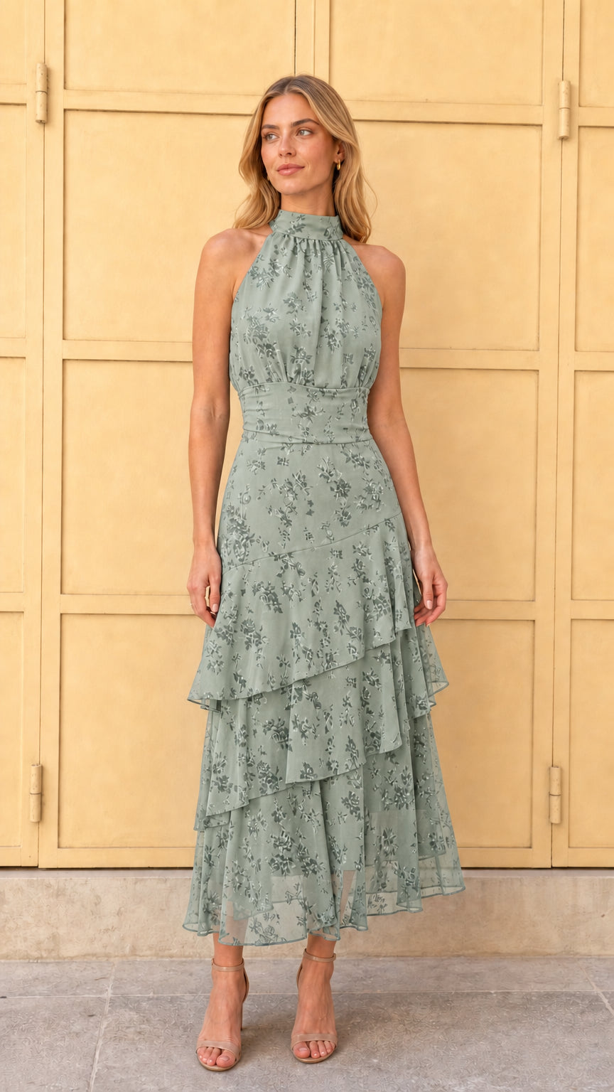 Front view of Sage Green tiered halter midi dress