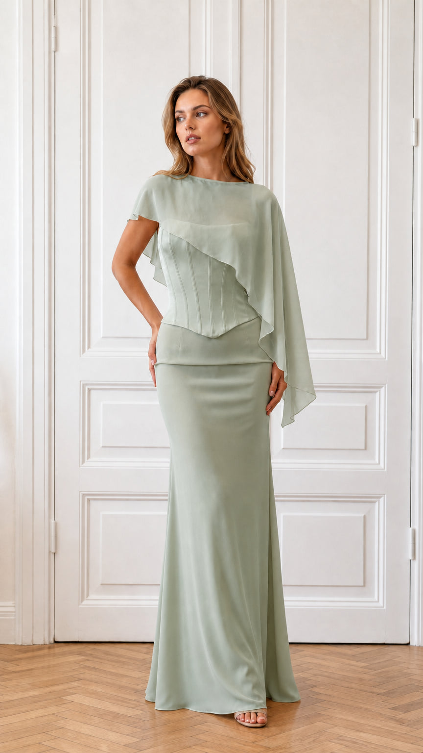 Model wearing sage green formal cape evening dress