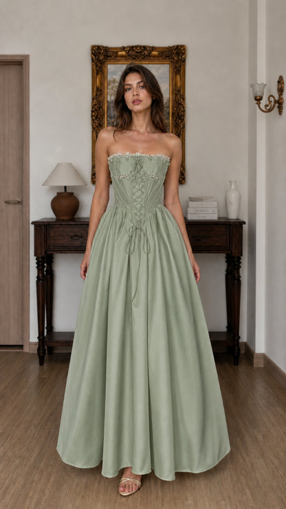 Front view of sage green corset ball gown maxi dress
