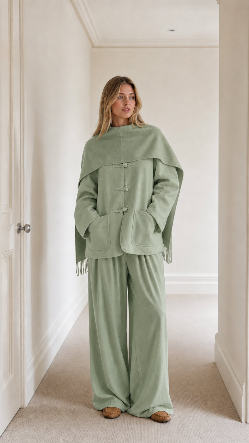 Model wearing sage green monochrome toggle button jacket, matching cape, and wide-leg trousers
