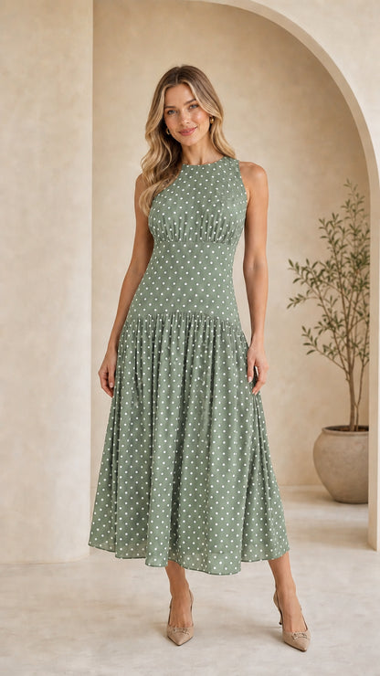 Model wearing sage green polka dot midi dress
