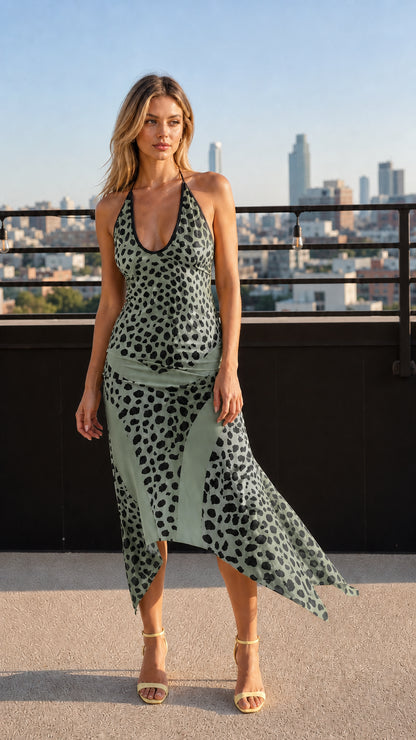 Front view of model wearing sage green leopard print halter midi dress