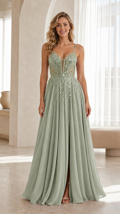 Front view of sage green evening dress