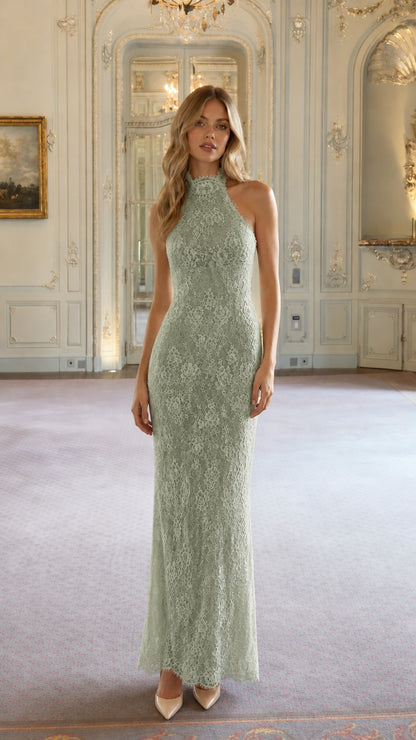 Model wearing Sage Green halter neck floral lace maxi evening dress