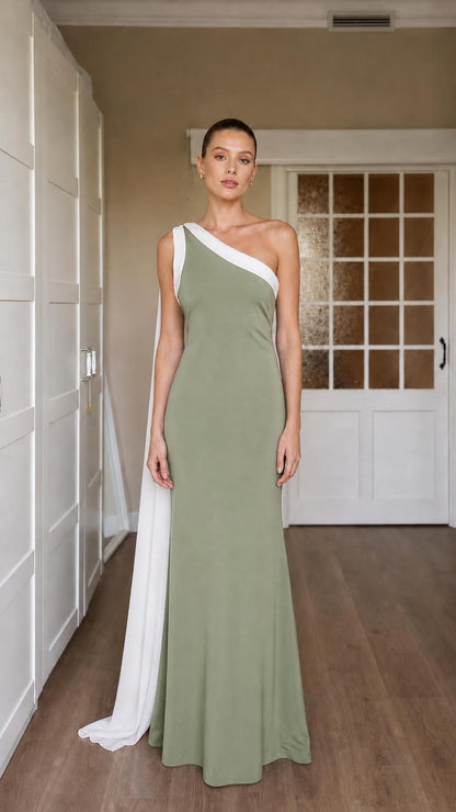 Sage green color variant of the one-shoulder evening gown
