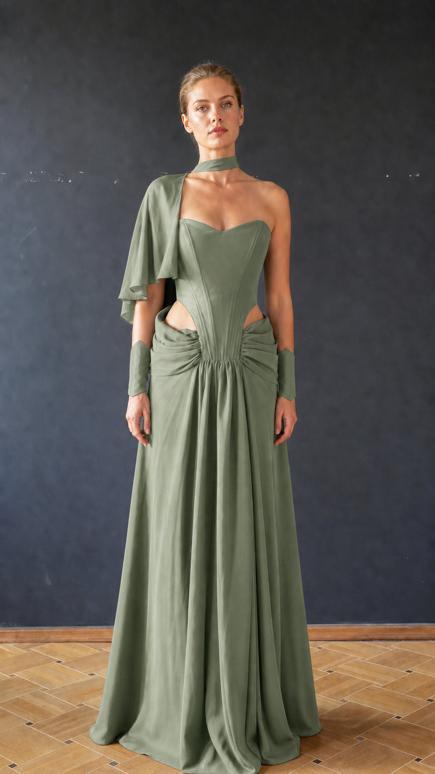Sage green color variant of cutout draped evening dress
