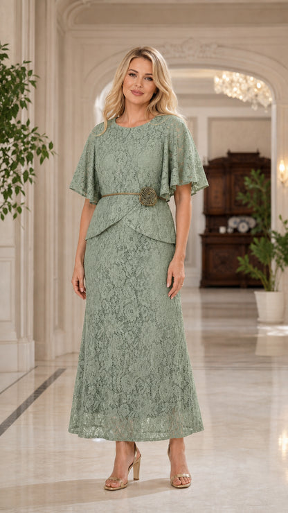 Front view of sage green lace overlay maxi dress