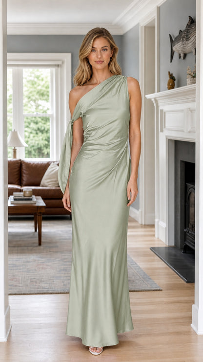 Front view of sage green one-shoulder draped satin maxi gown