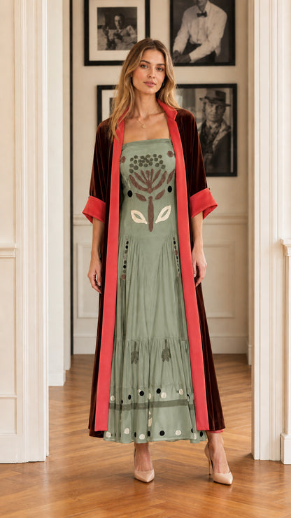 Sage green embroidered maxi dress with contrast burgundy velvet duster coat