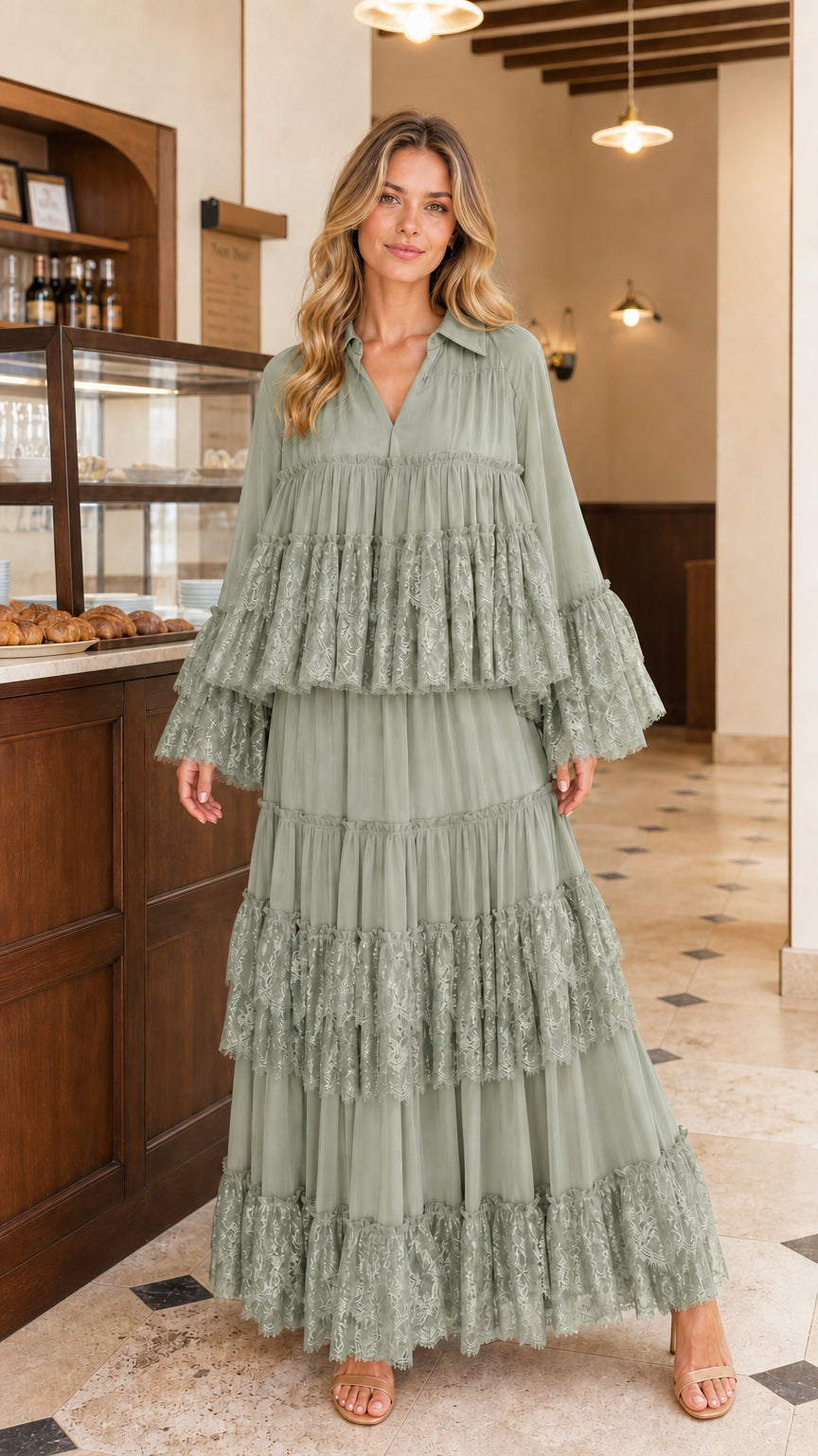 Front view of model wearing sage green tiered lace maxi dress