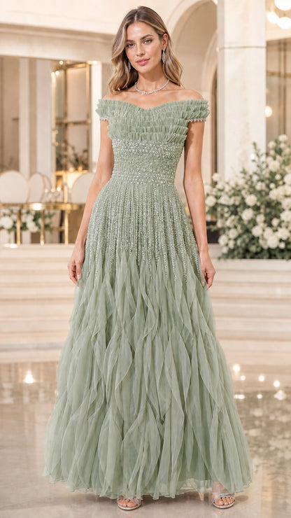 Full length view of sage green color variant evening gown