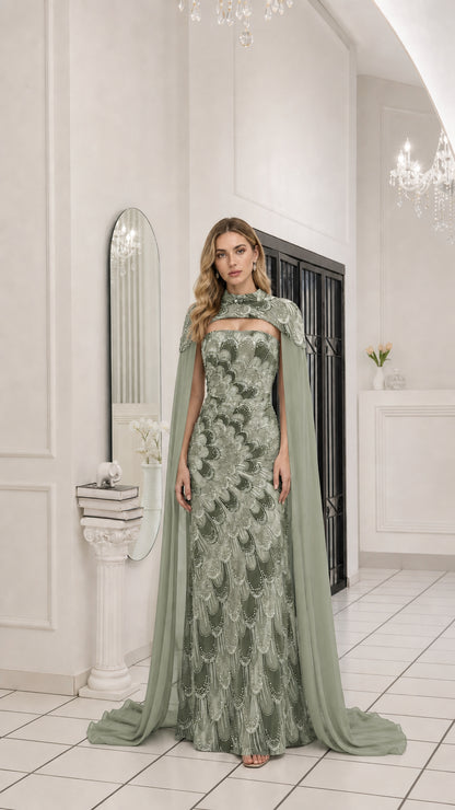 Front full view of sage green color variant with cape