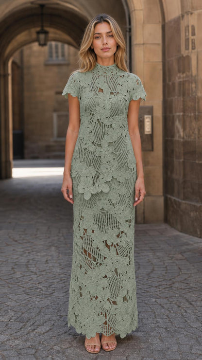 Front view of sage green floral crochet lace maxi dress
