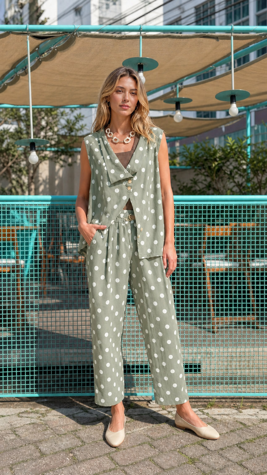 Model wearing sage green polka dot two-piece set