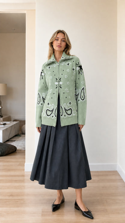 Sage green paisley jacquard zip-up knit sweater jacket on model