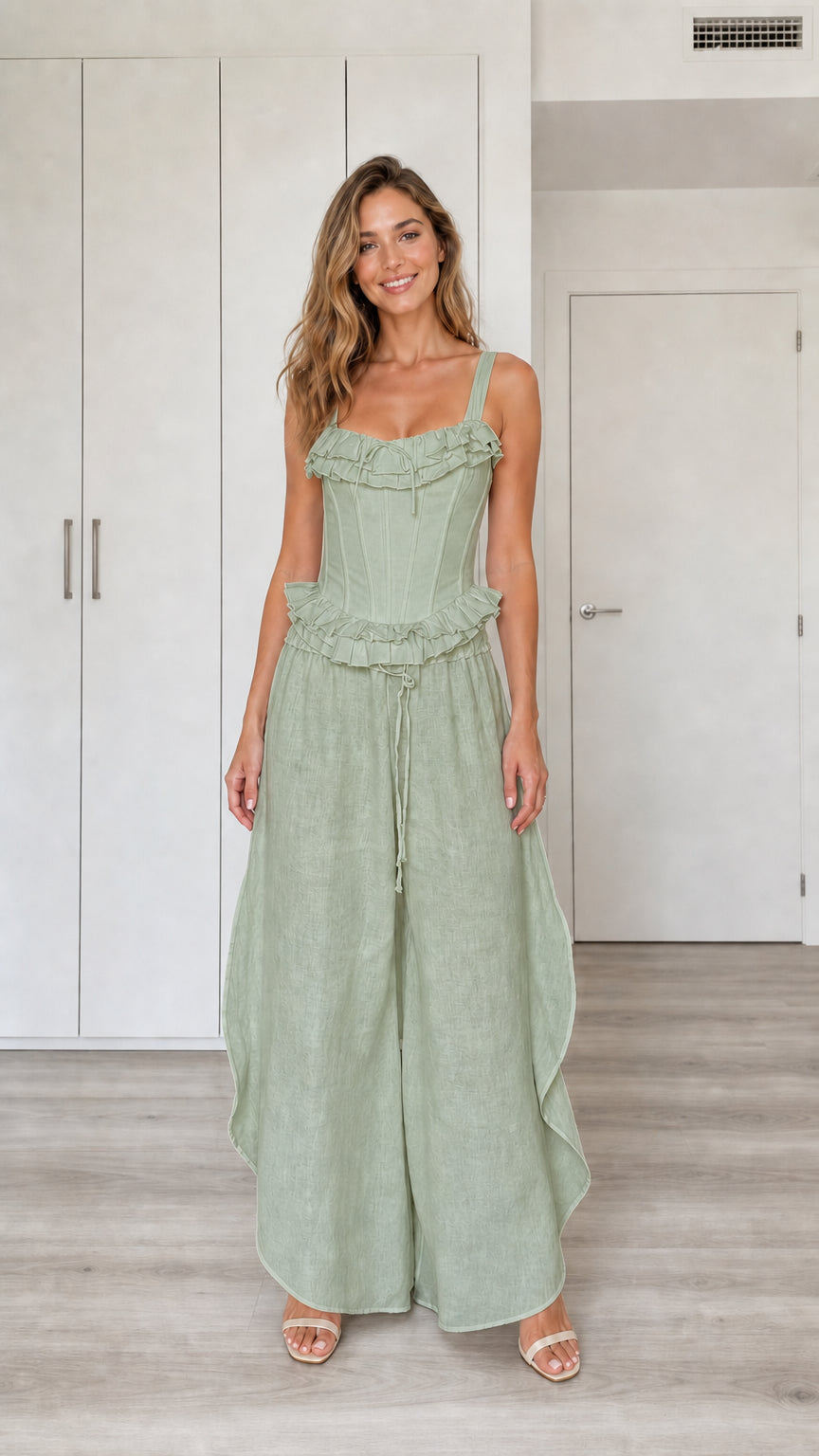 Model wearing sage green ruffled corset top and wide-leg pants set