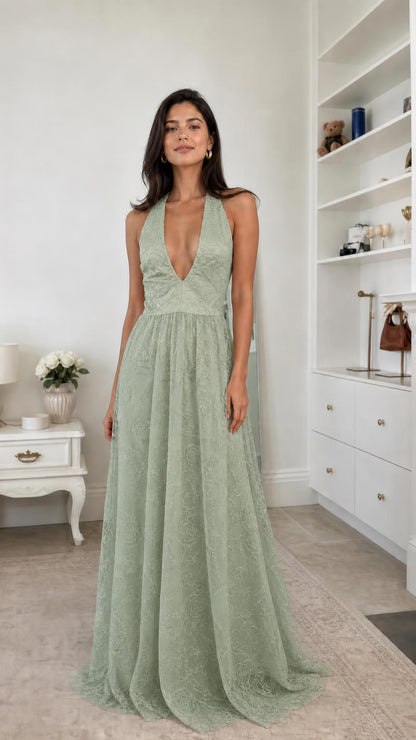 Front view of sage green lace halter neck evening dress